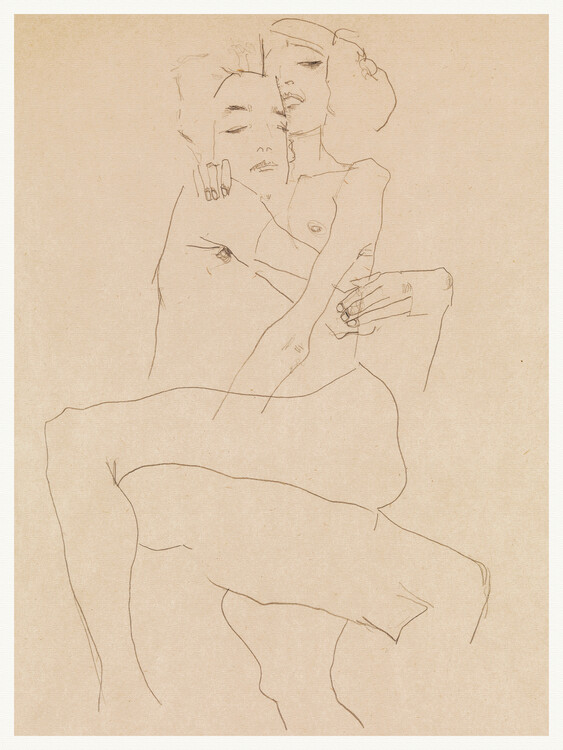 Obrazová reprodukce Couple Embracing (Line Drawn Nude Sketch) - Egon Schiele