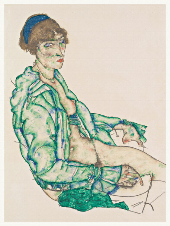 Taidejäljennös Woman in Green Coat (Female Nude Portait) - Egon Schiele