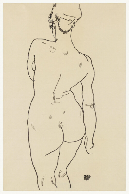 Fine Art Print Back of a woman (Female Nude Line Sketch) - Egon Schiele