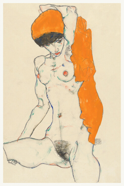 Obrazová reprodukce Naked Woman in Orange (Female Nude Portrait) - Egon Schiele