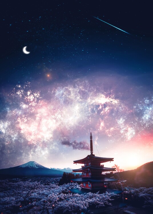 Umělecká fotografie Mount Fuji Japanese Starry Night Sky