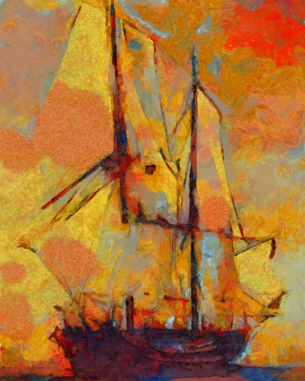 Illustration An antique sailing vessel at sunset