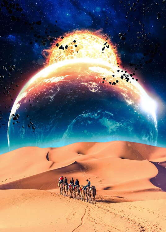 Umělecký tisk Desert Camels Space Trip whith Sun and Planet
