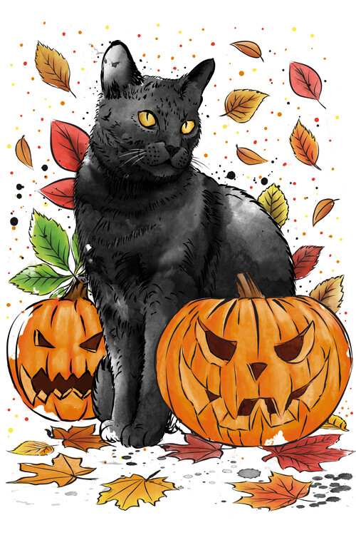 Illustration Cat Leaves and Pumpkins