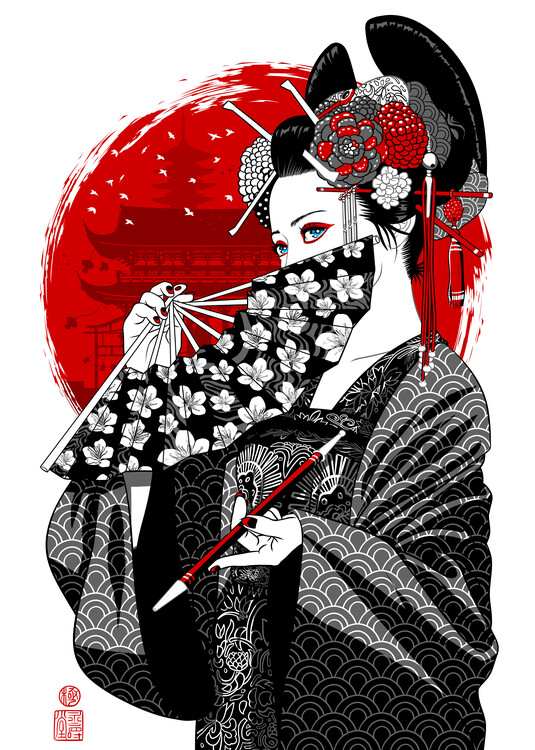 Illustration Geisha with fan