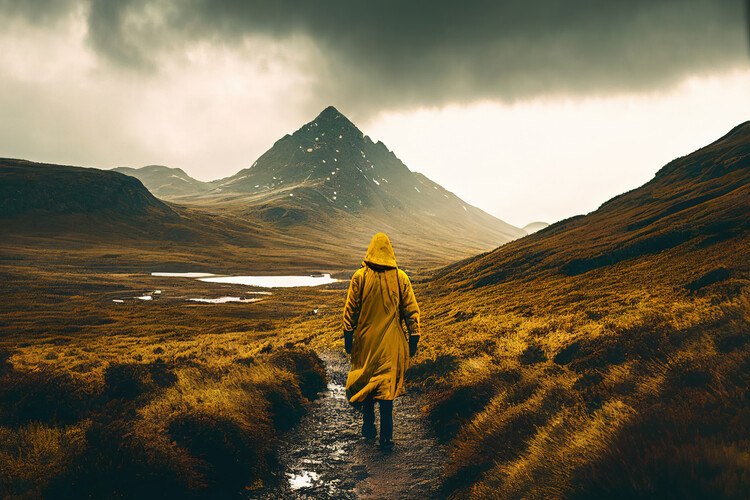 Art Photography Anonymous woman in a raincoat walking through a cloudy lands