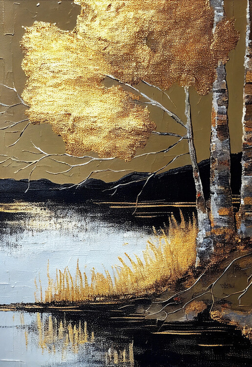 Illustration Golden birch tree at the lake