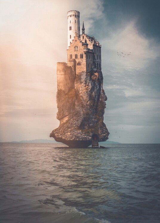 Umělecká fotografie Pirate's castle on a rock in the middle of the ocean