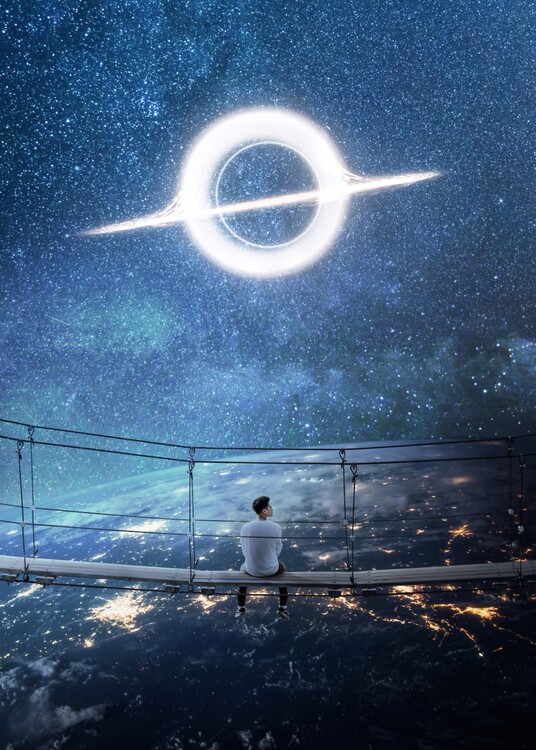 Kunstfotografie Man on bridge looking Planet Earth and Black Hole