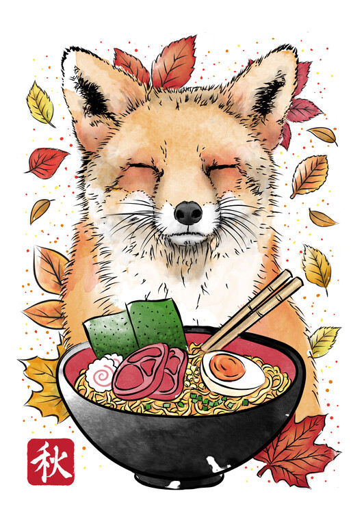Illustration Fox, leaves and ramen
