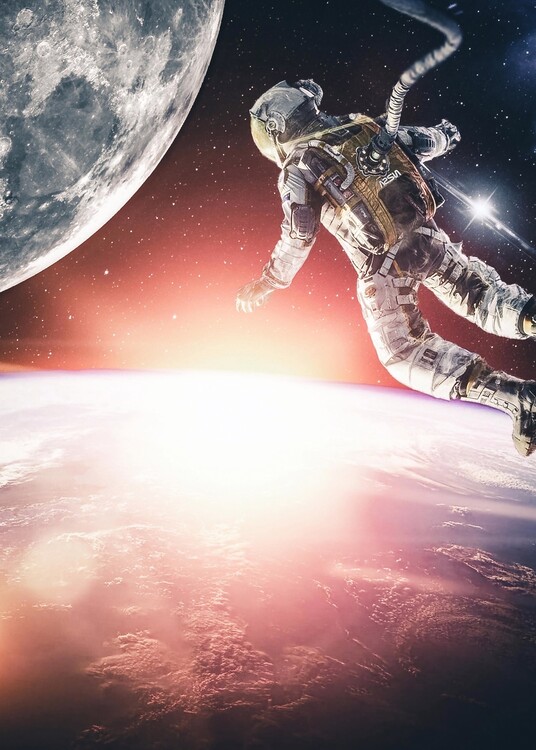 Impressão de arte Cosmonaut in space between eart and moon
