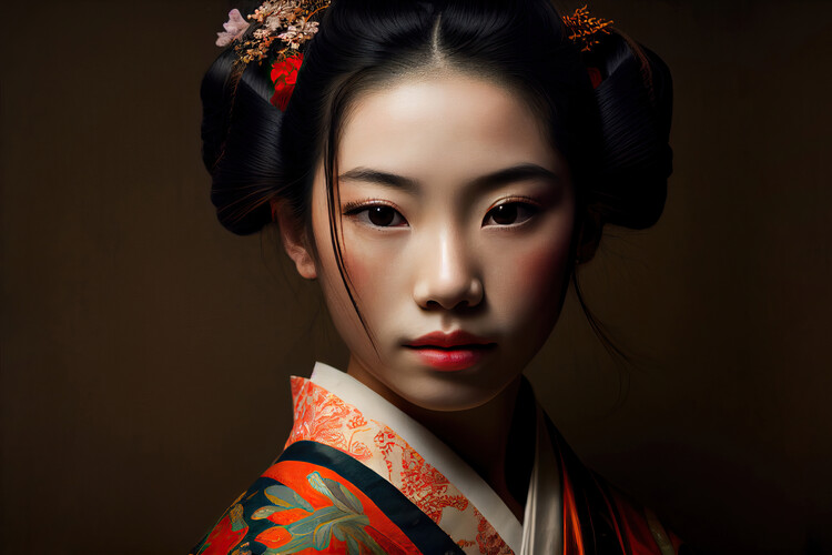 Illustration Portrait of a geisha on a dark background