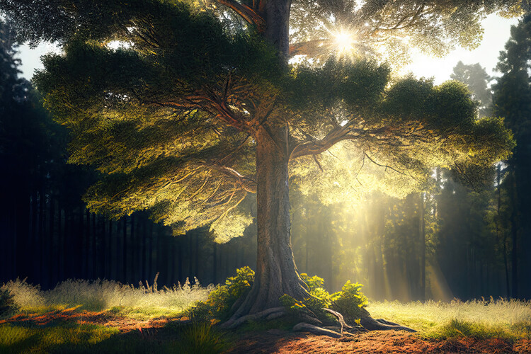 Illustration Backlit tree in the middle of the forest