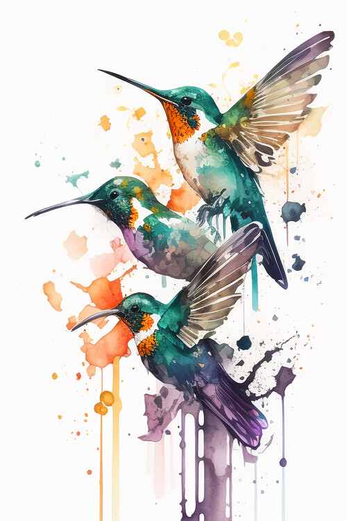 Wall Art Print | Colibríes Aves Vida Flores Vuelo Lindo Jardin Natura  Acuarel | Europosters