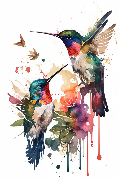 Illustration hummingbirds Life Flowers Flight Cute Garden Watercolorl