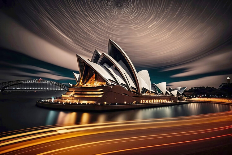 Umelecká fotografie Sydney Skyline Bay Opera House Nigth Circumpolar Timelapse