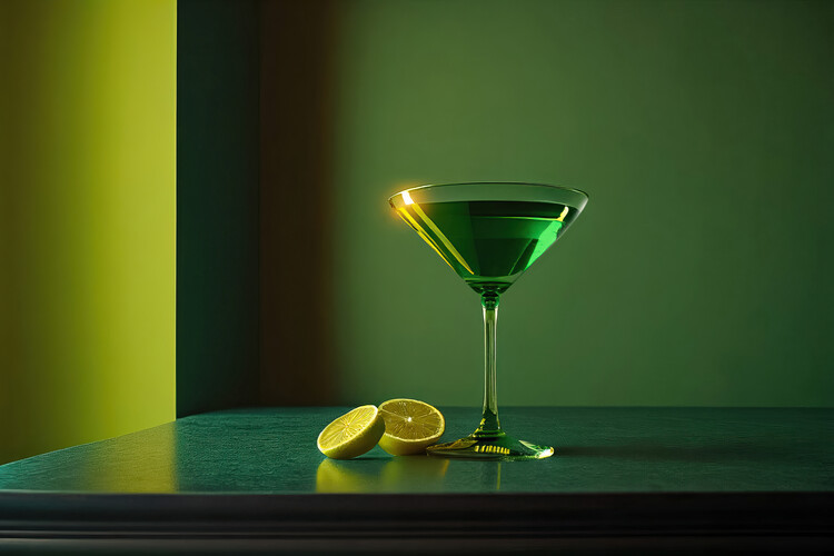 Illustration Green cocktail glass in a green luxury interior