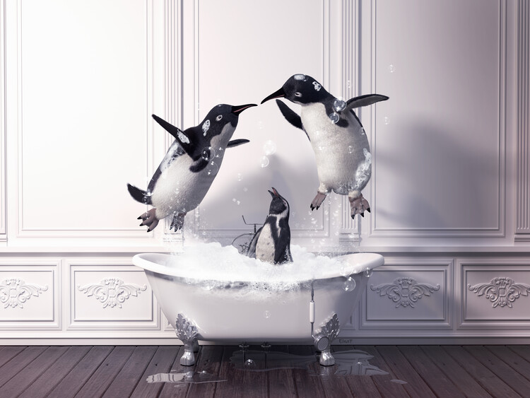 Illusztráció Penguins in Tub Print Wall Art,penguin art,penguin lover