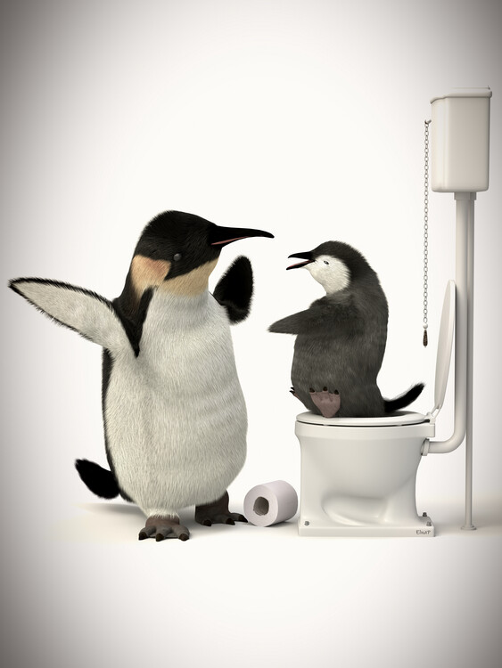 Illusztráció Penguin in the toilet, animal print in the toilet, funny art