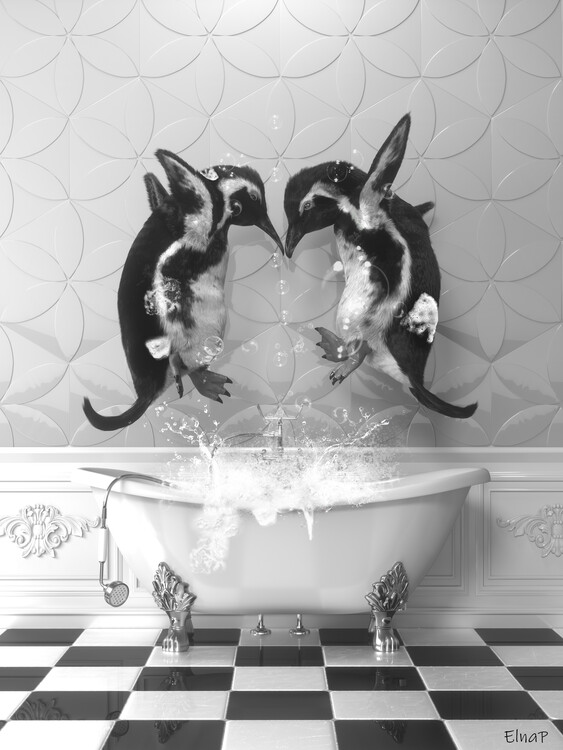 Illustration Penguins in the bathtub Wall Art, penguin Photo, penguin Art