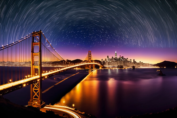 Umělecká fotografie GOLDEN GATE BRIDGE  San Francisco, starry sky timelapse XXL