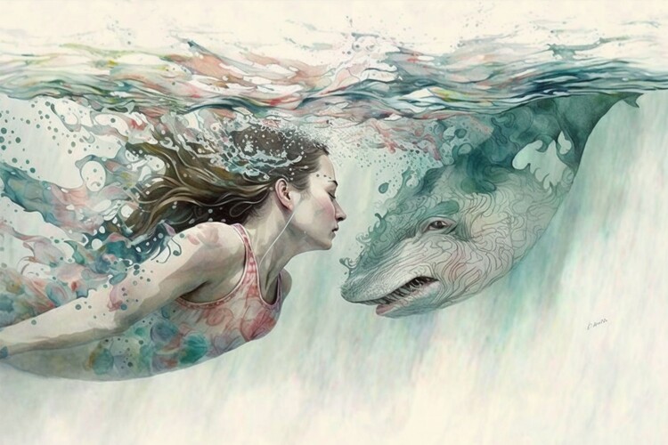 Illustration Woman swimming with fish