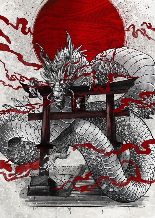 Impressão de arte Dragon on Torii Gate