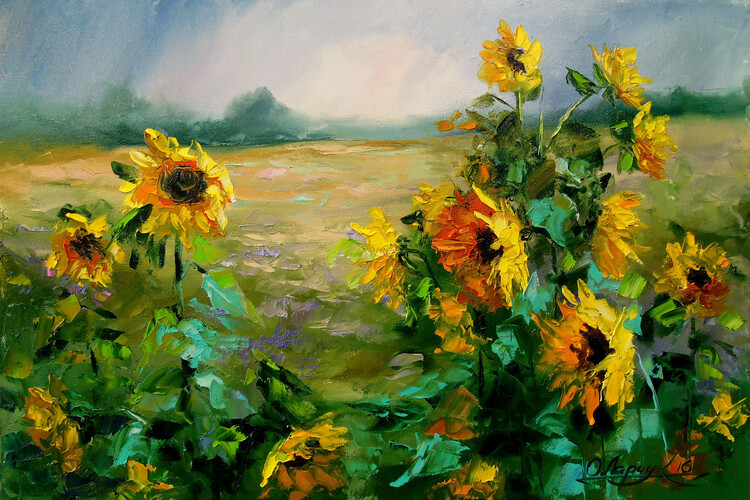 Illustration Sunflowers in the wind