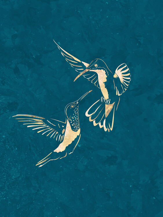 Illustration Blue Gold Hummingbirds