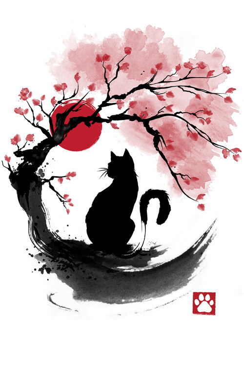 Illustration Sakura Cat sumi-e