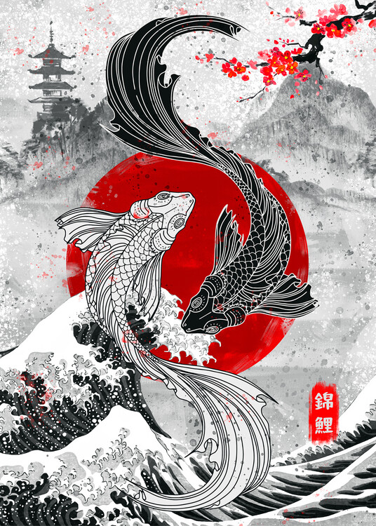 Taidejuliste Koi fishes swimming in harmony