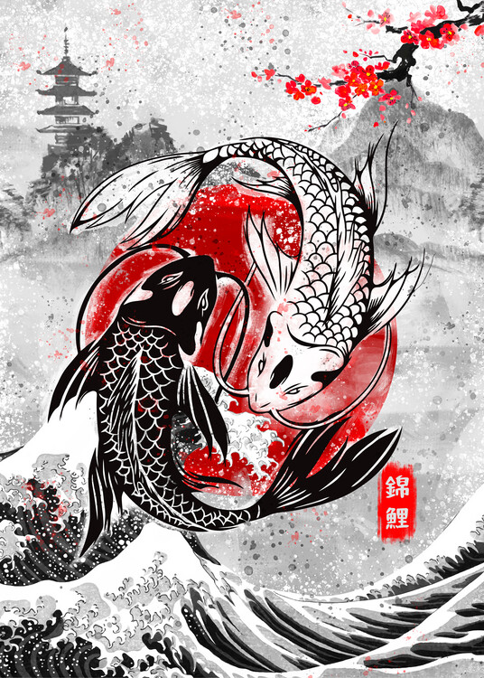 Taidejuliste Koi fishes swimming in harmony