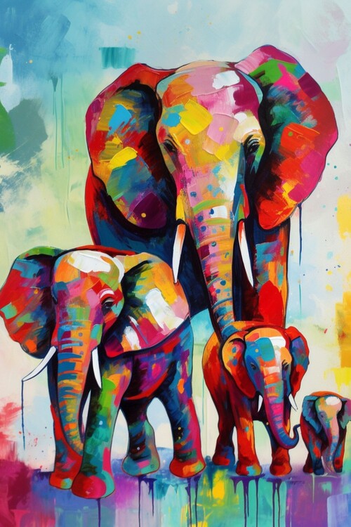 Canvas Print elephant family parade, vibrant watercolor painting