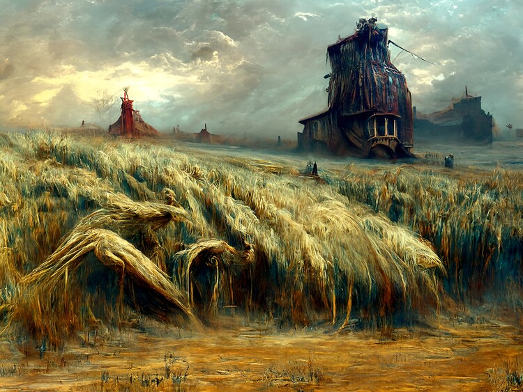 Illustration A lovely farmhouse stands on the edge of a wheat field