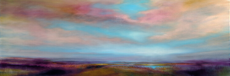 Ilustrace Heathland with rose and golden clouds