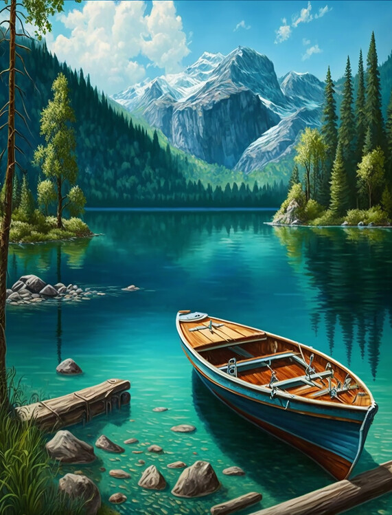 Ilustrace Kanadské jezero s loďkou
