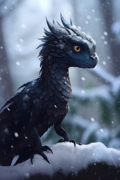 Canvas Print Cute black dragon in snowy forrest