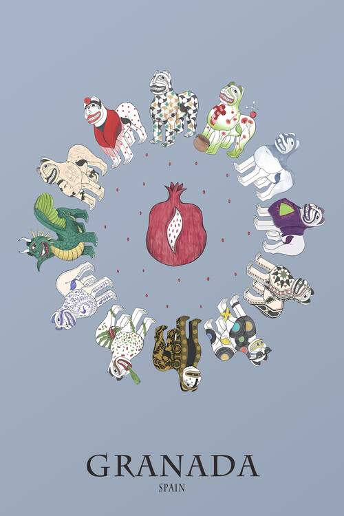 Illustration GRANADA - Spain: Icons: Grenade & The 12 Lions of the Palace