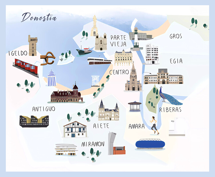 Ilustracija DONOSTIA- San Sebastian /Spain: City map with neighborhoods