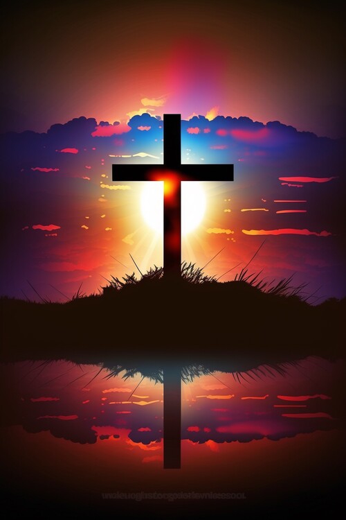 Illustration Silhouette a Holy Cross on blurred beautiful Easter sunset