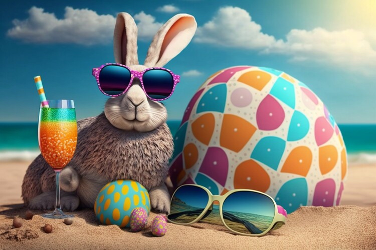 Illustrazione Easter bunny on the beach with a cocktail