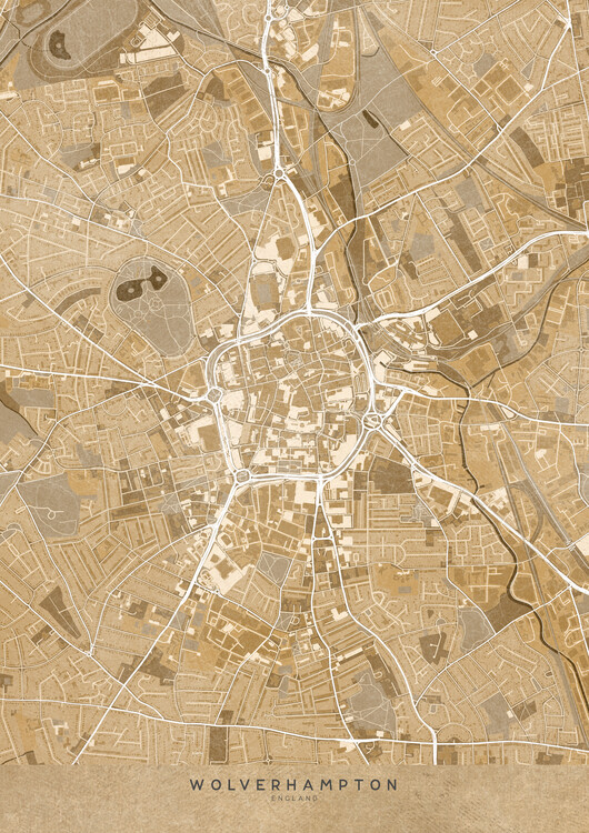Ilustração Map of Wolverhampton center (England) in sepia vintage style
