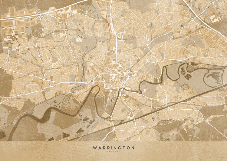 Illustration Map of Warrington (England) in gray vintage style