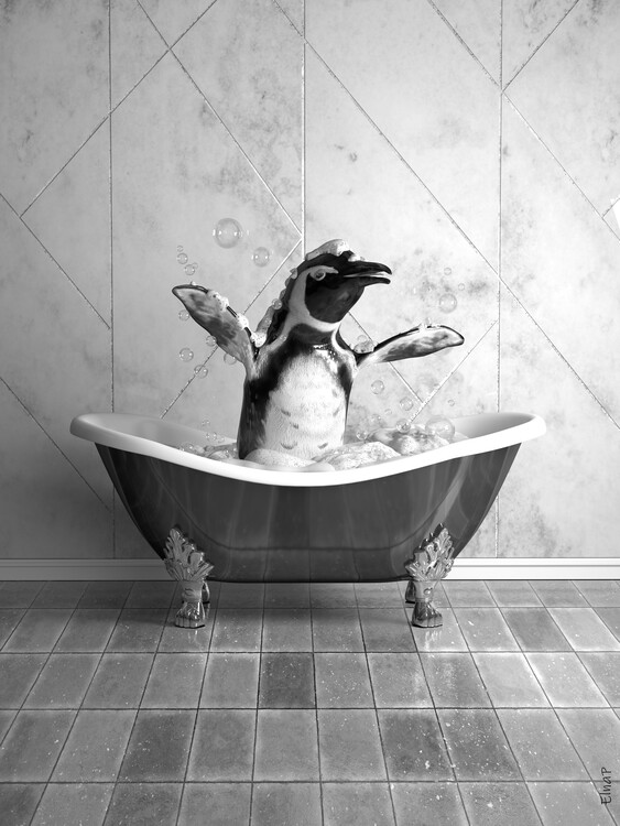 Illustration Penguin in Tub Printable Wall Art, penguin Photo, penguin