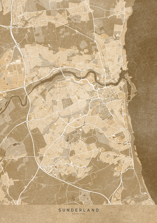Canvas Print Map of Sunderland (England) in sepia vintage style