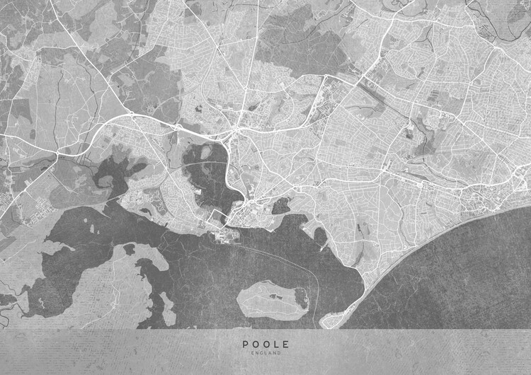 Illustration Map of Poole (England) in gray vintage style