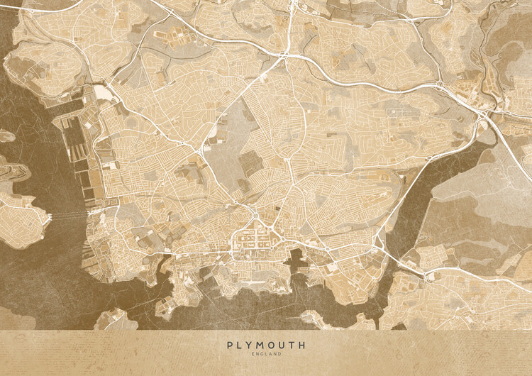 Wall Art Print Map Of Plymouth England In Sepia Vintage Style   161722 