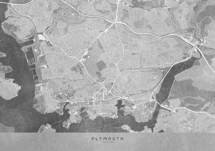 Canvas Print Map of Plymouth (England) in gray vintage style