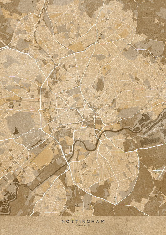 Illustration Map of Nottingham (England) in sepia vintage style