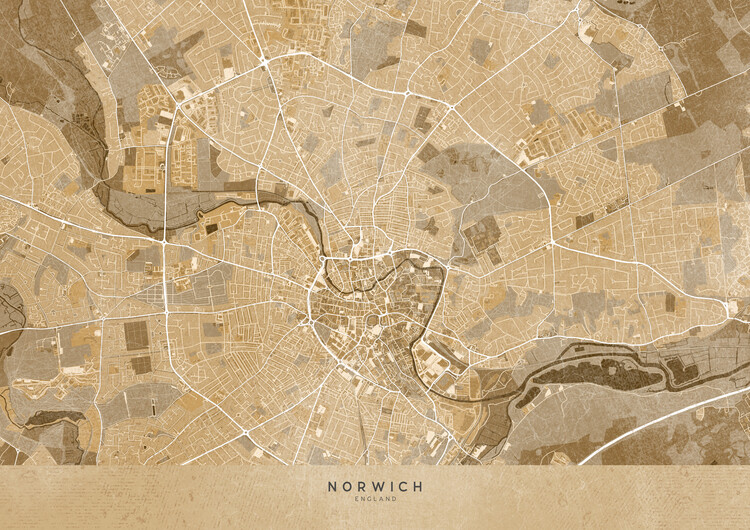 Taiteelliset kuva | Map of Norwich (England) in sepia vintage style |  Europosters